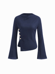 Texture Stand Collar Bell Sleeve Split Side Metal Button Top