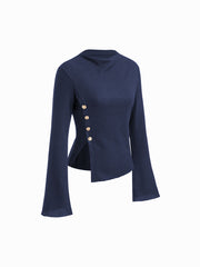 Texture Stand Collar Bell Sleeve Split Side Metal Button Top
