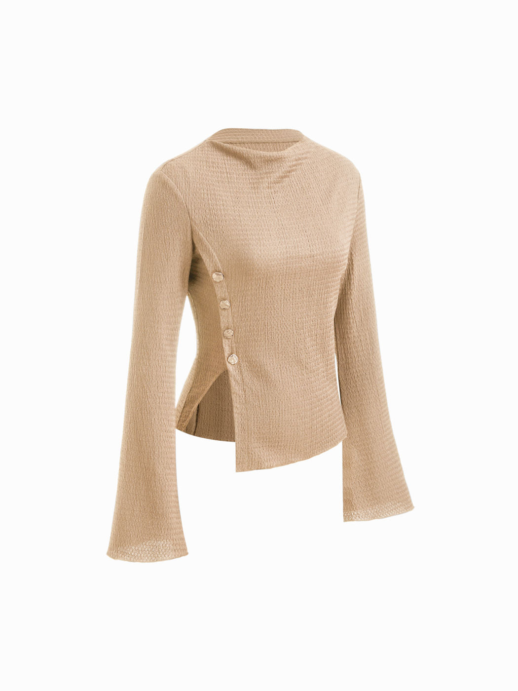 Texture Stand Collar Bell Sleeve Split Side Metal Button Top