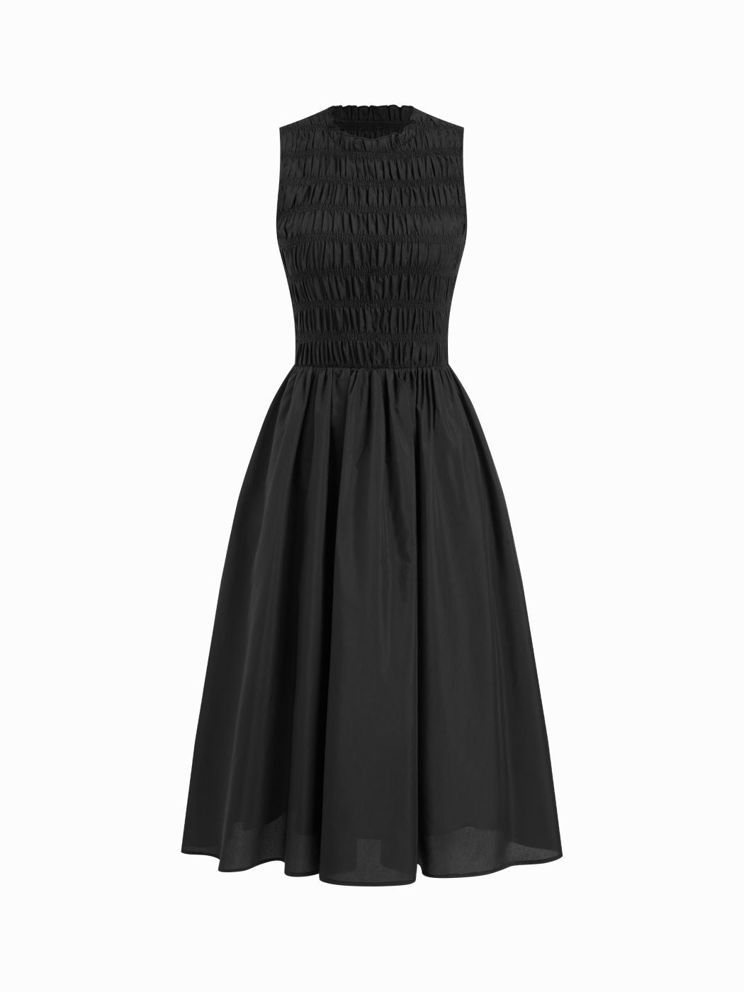 Cotton-blend Round Neckline Shirred Ruffle Midi Dress