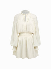 Stand Collar Lettuce Trim Ruffle Shirred Lantern Sleeve Mini Dress