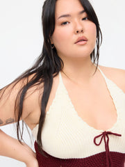 Knit Halter Neck Crochet Stripe Wave Trim Top Curve & Plus