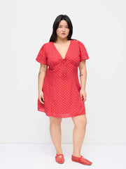 V-neck Puff Sleeve Polka Dot Knotted Mini Dress Curve & Plus