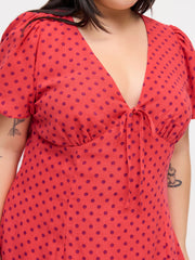 V-neck Puff Sleeve Polka Dot Knotted Mini Dress Curve & Plus