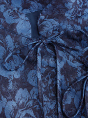 Cotton-blend Mandarin Collar Floral Tie Front Puff Sleeve Blouse
