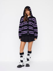 Knit Wool-blend Hooded Heart Button Striped Drawstring Oversized Cardigan