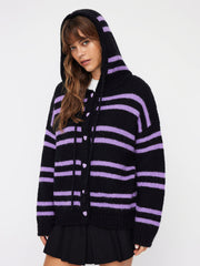 Knit Wool-blend Hooded Heart Button Striped Drawstring Oversized Cardigan