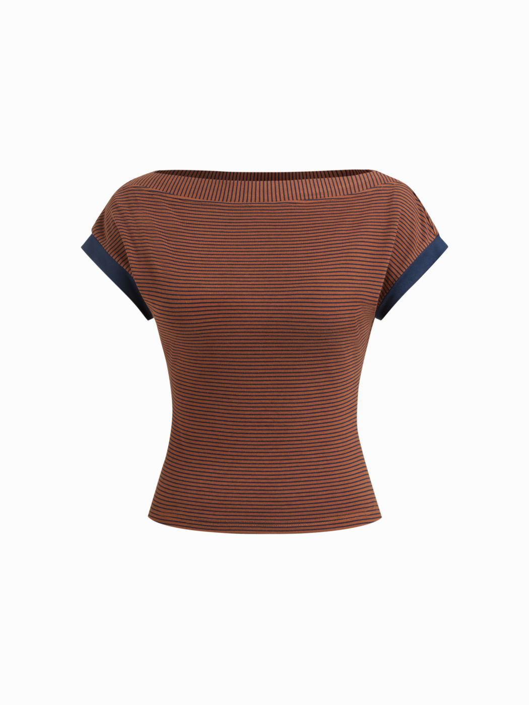 Boat Neck Stripe Contrasting Binding Short Sleeve Tee