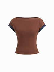 Boat Neck Stripe Contrasting Binding Short Sleeve Tee