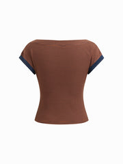 Boat Neck Stripe Contrasting Binding Short Sleeve Tee