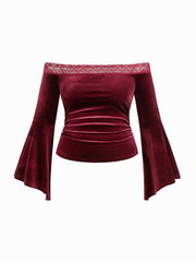 Velvet Off-shoulder Ruched Lace Bell Sleeve Top Curve & Plus