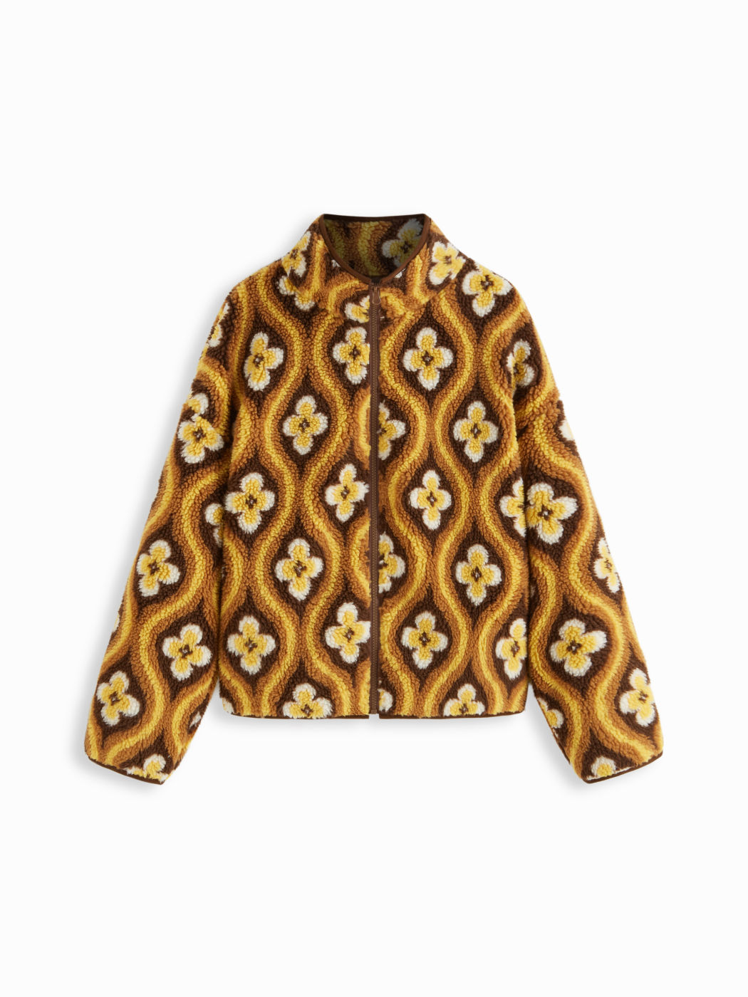 Fleece Stand Collar Geometric Zip Through Oversized Jacket