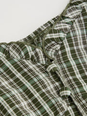 Sweetheart Tartan Ruched Lettuce Trim Layered Blouse