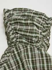 Sweetheart Tartan Ruched Lettuce Trim Layered Blouse