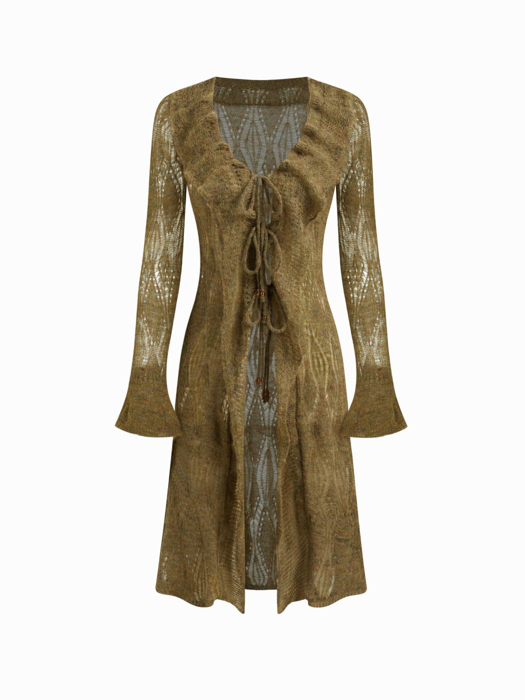 Knit Wool-blend V-neck Beaded Tie Front Ripped Split Ruffle Hem Midi Dress