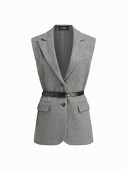 Collar Button Blazer Vest With Belt