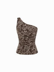 Jacquard Asymmetrical Neck Floral Ruched Tank Top