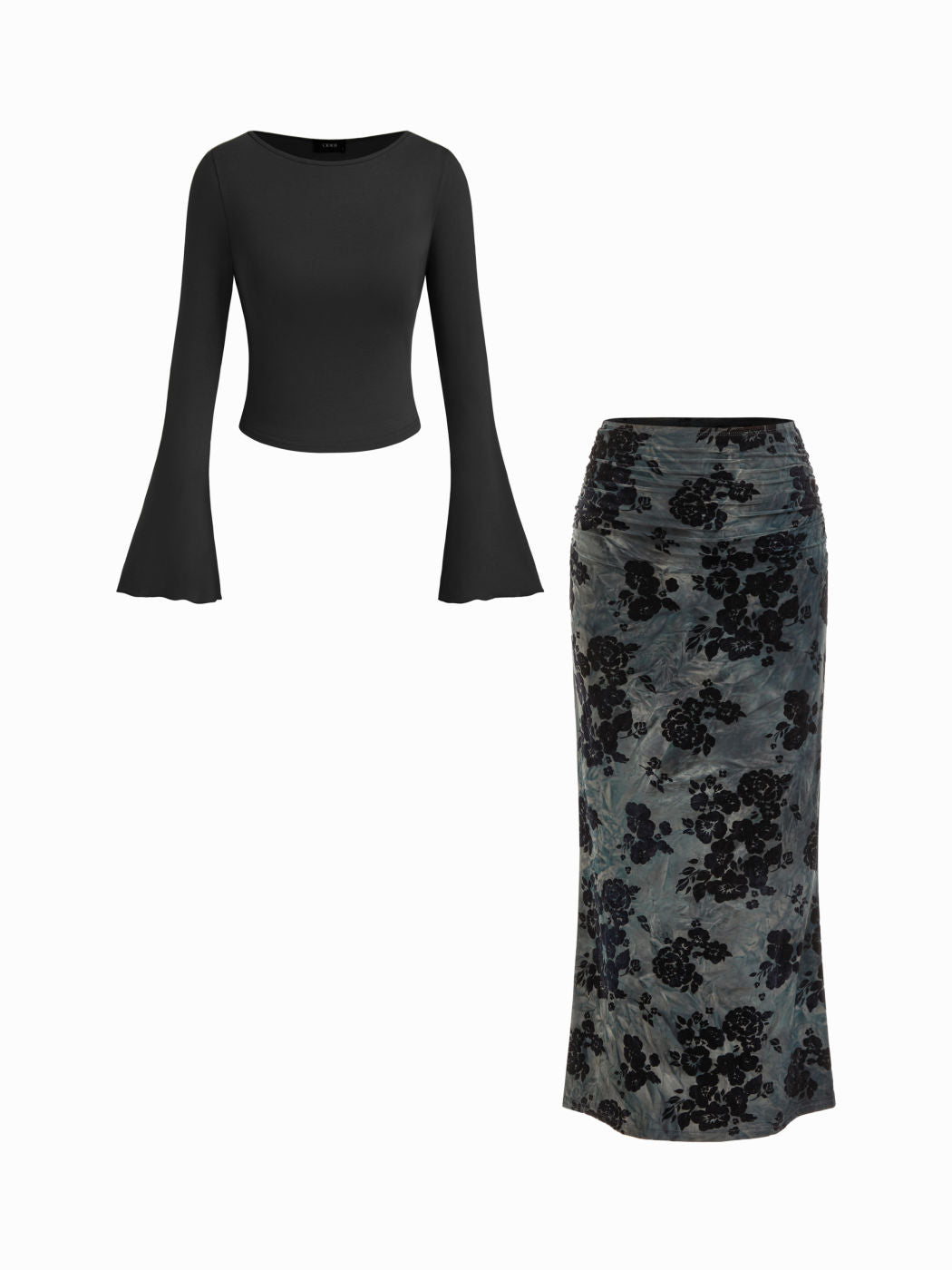 Boat Neck Long Sleeve Top & Mid Rise Floral Ruched Maxi Skirt Set