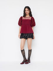 Mesh Shirred Ruffle Hem Rose Short Sleeve Babydoll Blouse