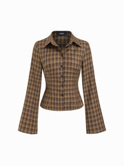 Collar Check Bell Sleeve Shirt