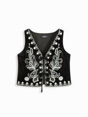 Velvet V-neck Floral Embroidery Jacket Vest