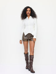 100% Cotton Collar Long Sleeve Lace Up Cinched Waist Blouse