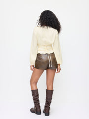 Satin V-neck Tie Back Long Sleeve Blouse
