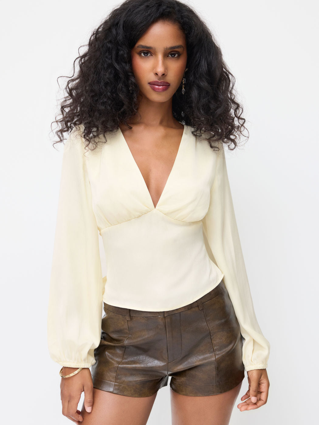 Satin V-neck Tie Back Long Sleeve Blouse