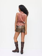 Velvet Stand Collar Metal Detail Belted Tank Top