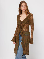 Knit Wool-blend V-neck Beaded Tie Front Ripped Split Ruffle Hem Midi Dress