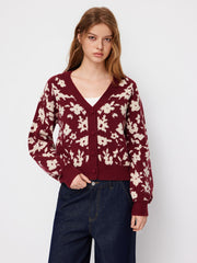 Knit Floral V-neck Long Sleeve Button Cardigan