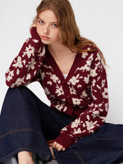 Knit Floral V-neck Long Sleeve Button Cardigan