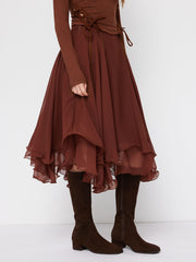 Chiffon Mid Rise Layered Ruffle Midi Skirt
