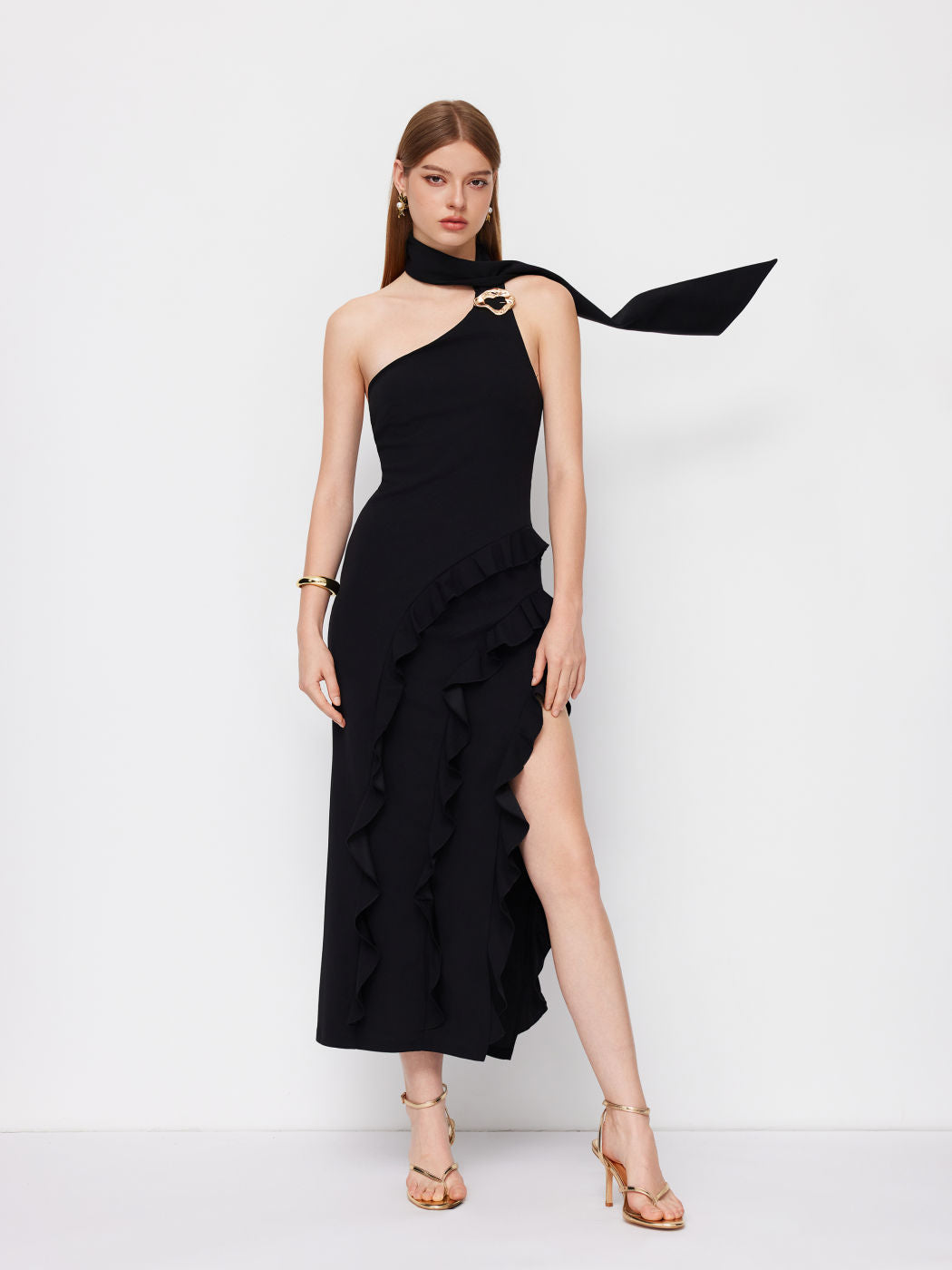 Halter Neckline Ruffle Hem Metal Detail Split Maxi Dress With Scarf