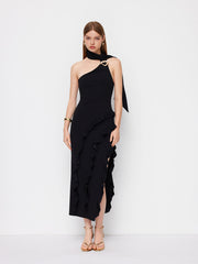 Halter Neckline Ruffle Hem Metal Detail Split Maxi Dress With Scarf