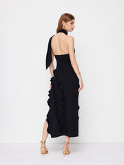 Halter Neckline Ruffle Hem Metal Detail Split Maxi Dress With Scarf
