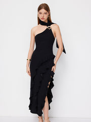 Halter Neckline Ruffle Hem Metal Detail Split Maxi Dress With Scarf