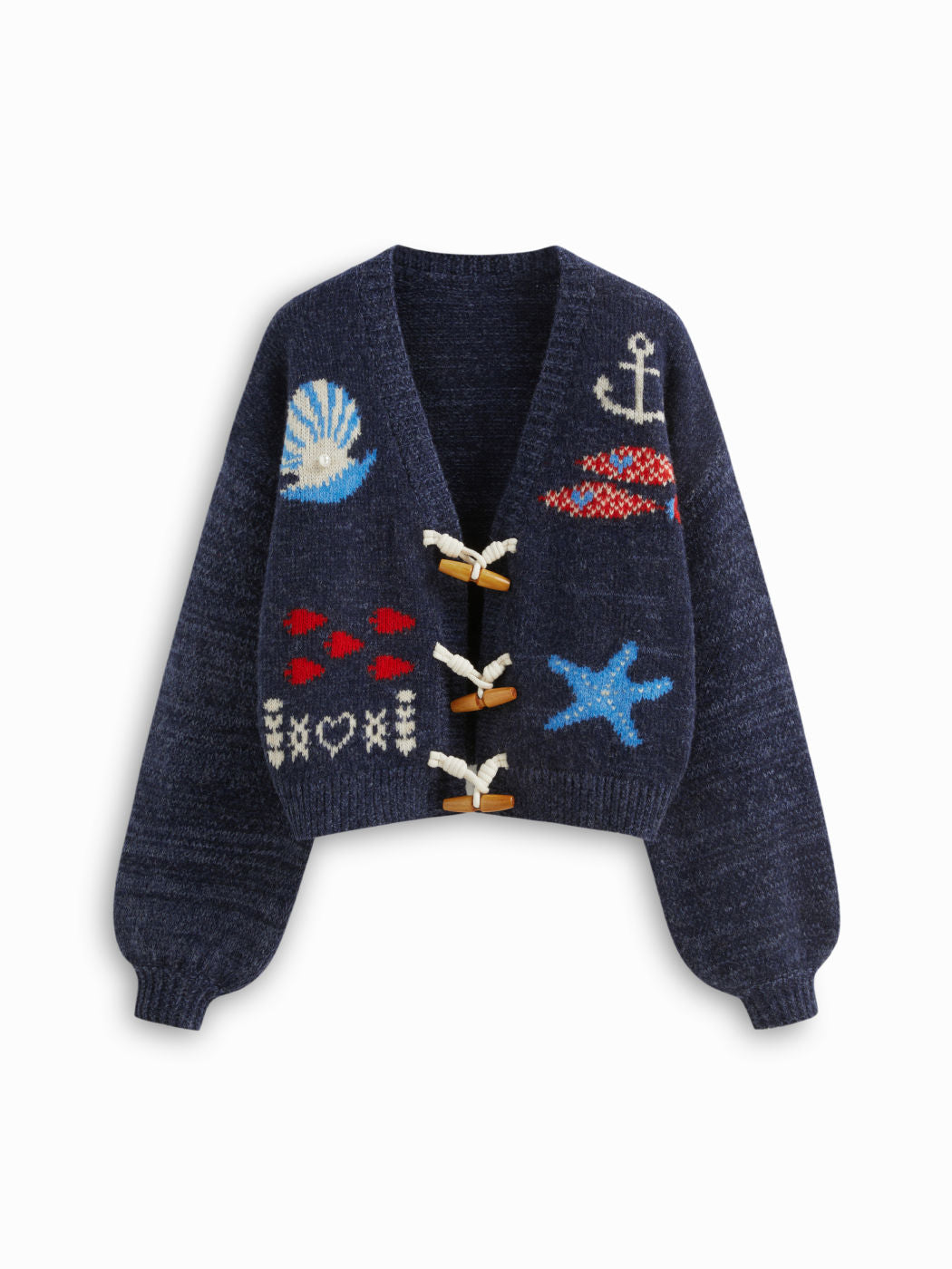 Knit Wool-blend V-neck Sea Animal Toggle Button Oversized Cardigan