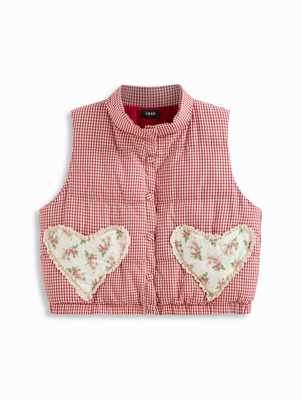 Stand Collar Gingham Floral Heart Oversized Puffer Vest