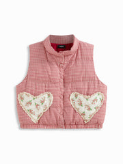 Stand Collar Gingham Floral Heart Oversized Puffer Vest