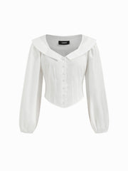 Cotton-blend Collar Solid Button Long Sleeve Blouse