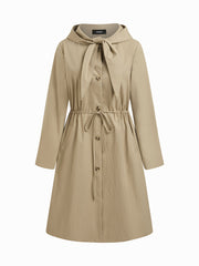 Hooded Round Neckline Drawstring Knotted Oversized Trench Coat