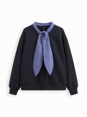 Terry Cotton-blend Plaid Long Sleeve Tie Front Sweatshirt