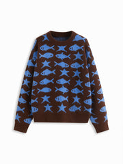 Knit Wool-blend Star & Fish Pattern Oversized Top