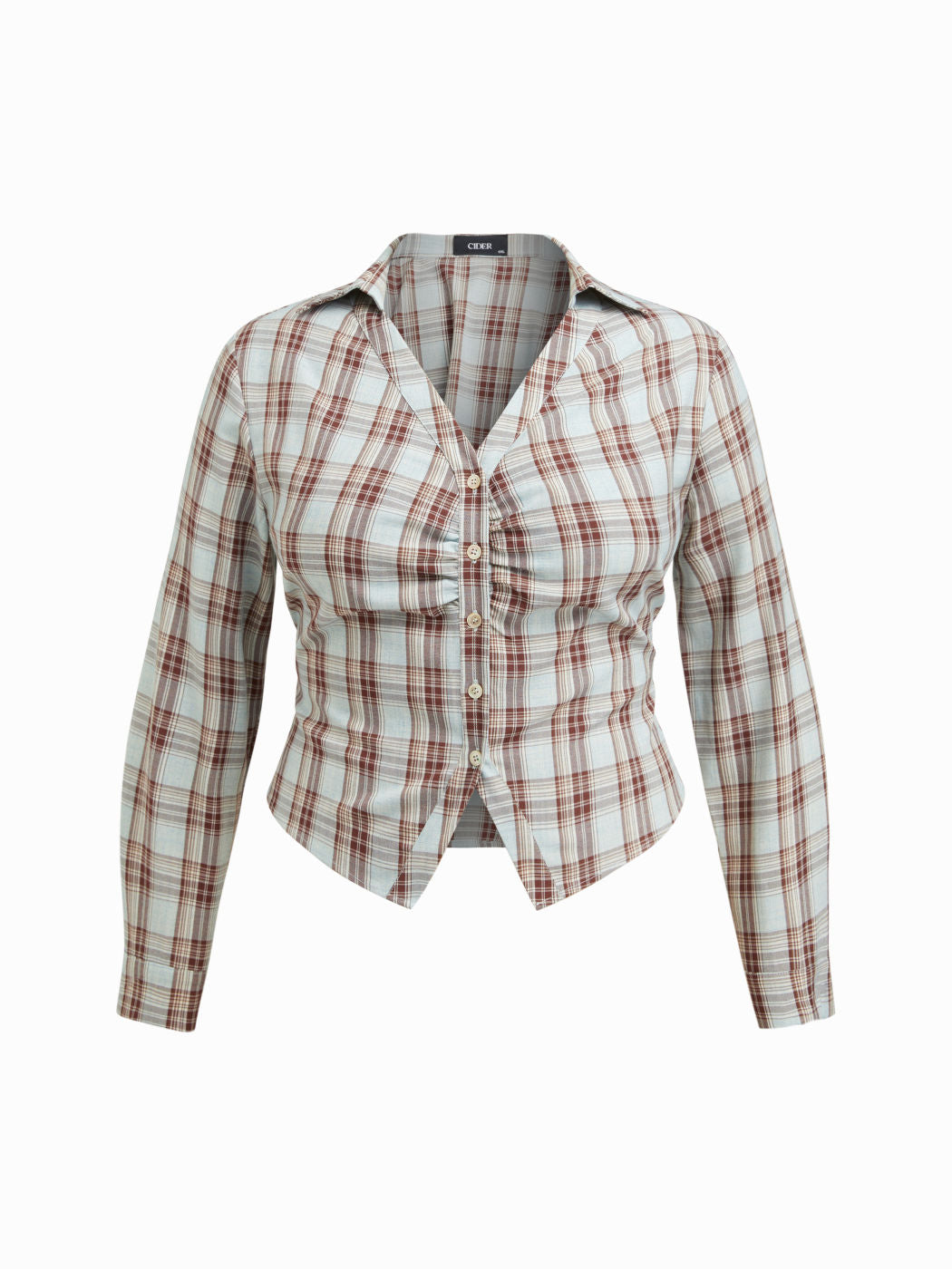 Plaid Collar V-neck Long Sleeve Ruched Lace Up Tie Back Blouse Curve & Plus
