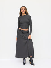 Round Neckline Drawstring Top & Low Rise Ruched Maxi Skirt Set
