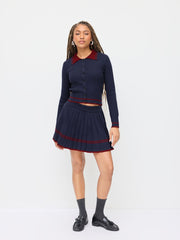 Knit Striped Mid Rise Elastic Waist Pleated Mini Skirt