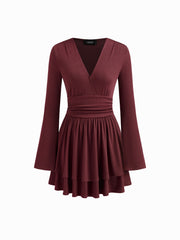 V-neck Ruched Layered Ruffle Hem Mini Dress