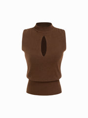 Knit Stand Collar Cut Out Cinched Waist Top