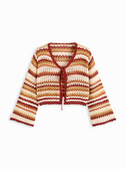 V-neck Striped Lace Up Knitted Long Sleeve Cardigan Curve & Plus